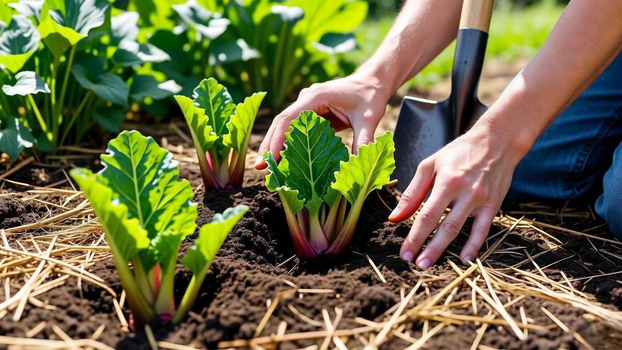 "Close-up of wild rhubarb crowns being planted with mulch and a shovel in a fertile garden bed."