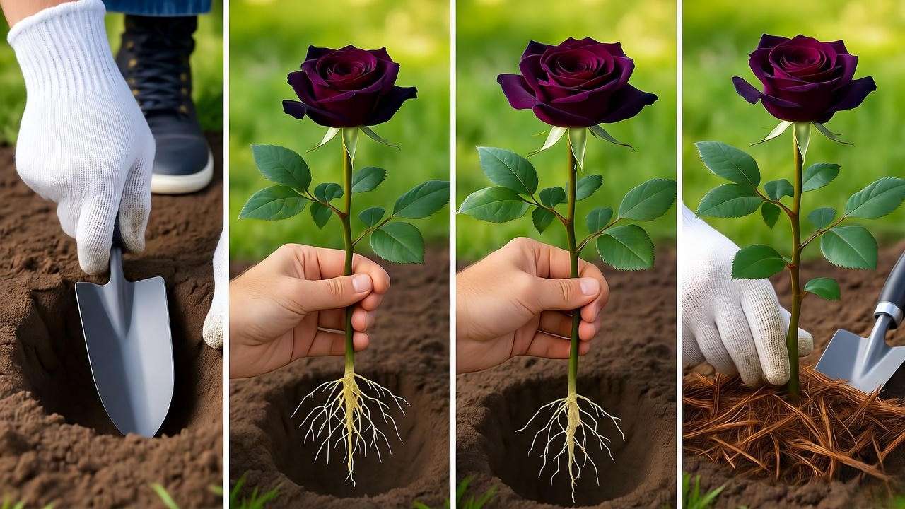 "Step-by-step guide to planting a black rose with mulch and healthy roots."