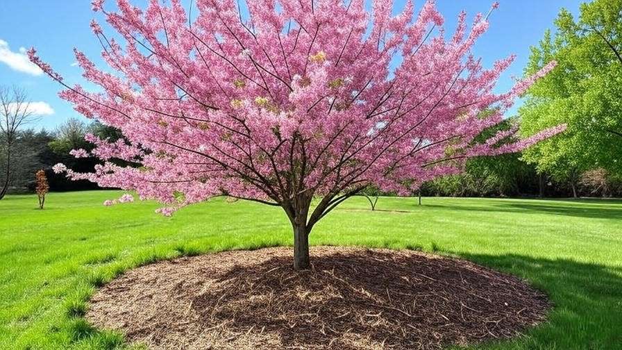 Healthy cherry tree with pink blossoms and mulch in a sunny garden."