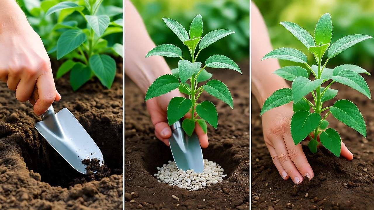 Gardener planting Cleveland Sage with steps including digging hole, amending soil, and placing plant."