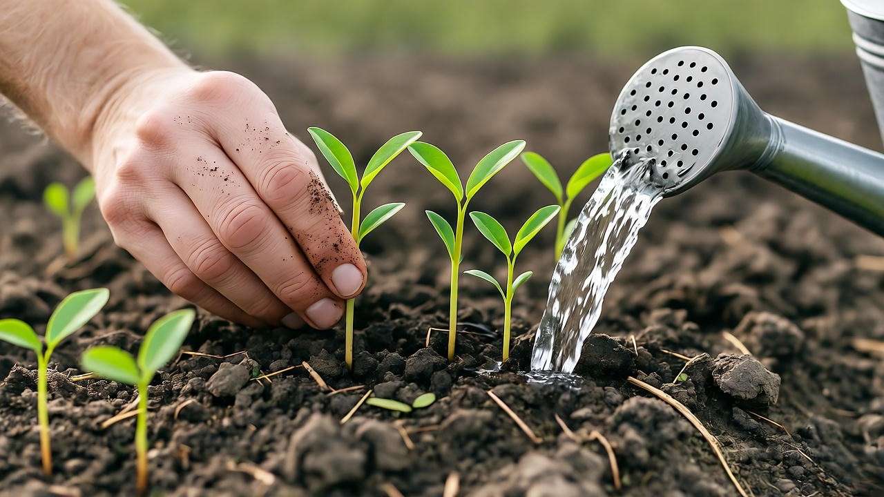 Planting cranberry seedlings in soil with proper spacing and watering.