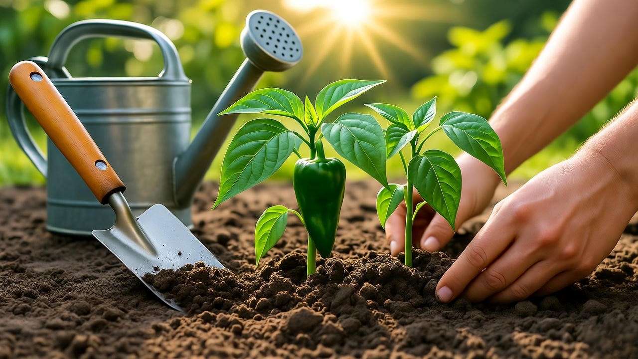 Gardener planting Cubanelle pepper seedlings with trowel and watering can in a sunny garden.