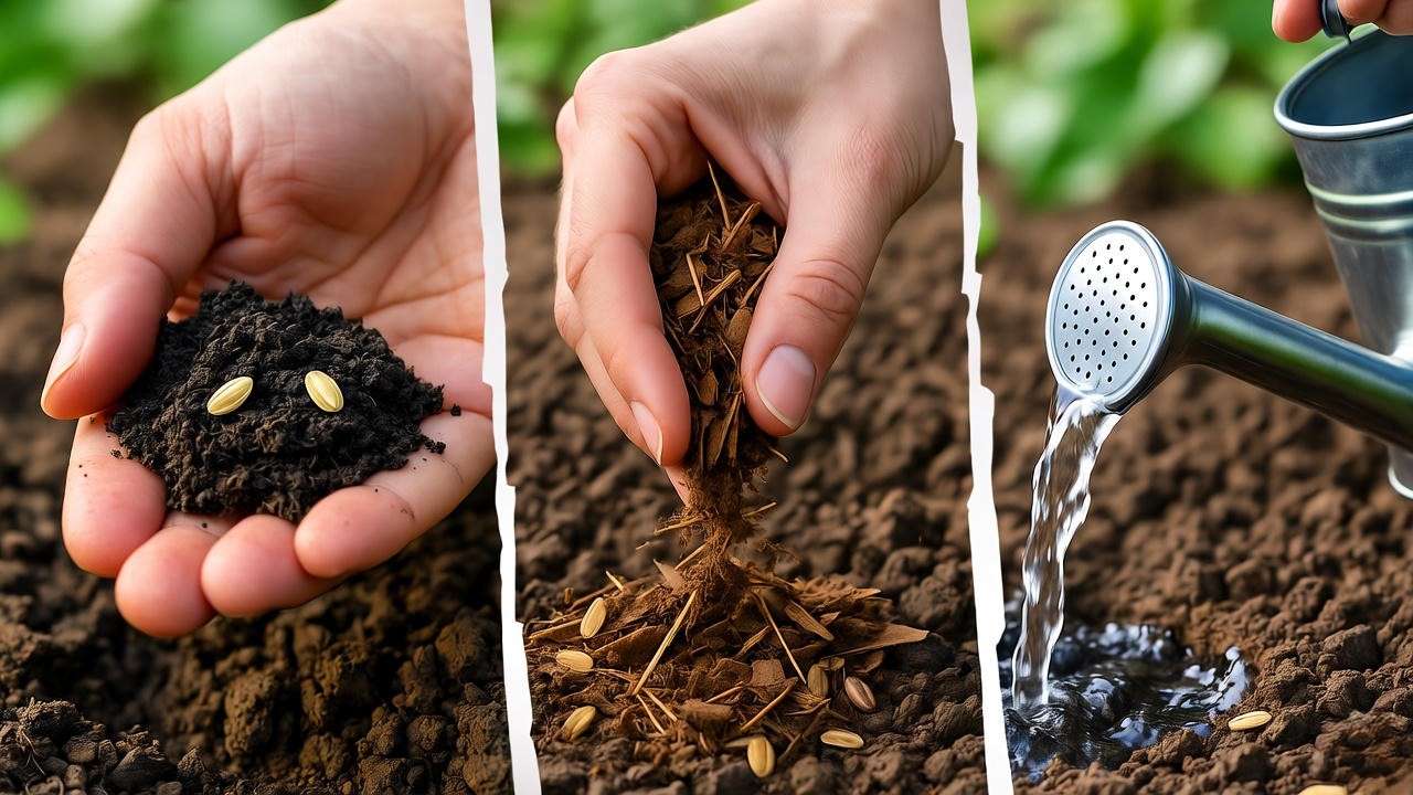 Step-by-step planting of dragon breath plant seeds with compost and watering in a sunny garden'