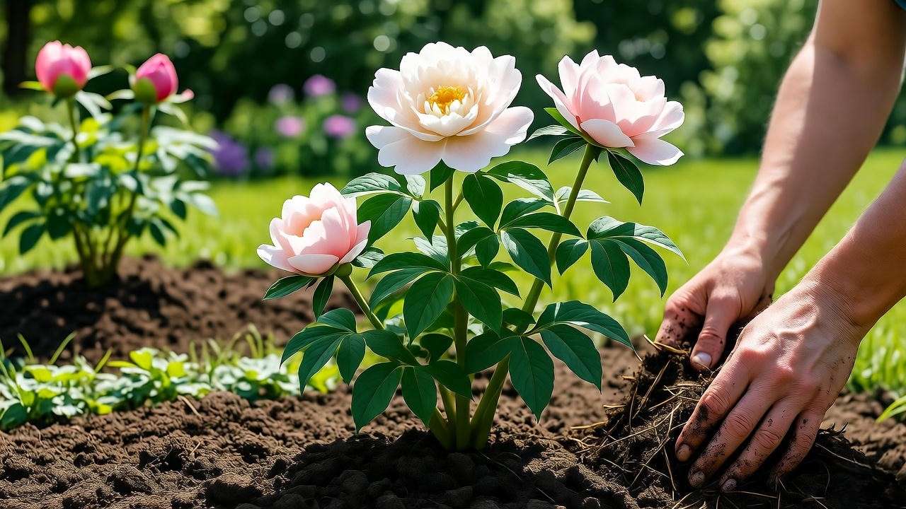 "Gardener planting an Earth Angel Rose Plant with compost and mulch in a sunny garden."