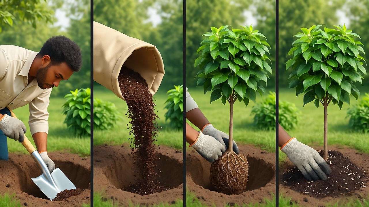 "Step-by-step process of planting a Eugenia topiary with compost and mulch"