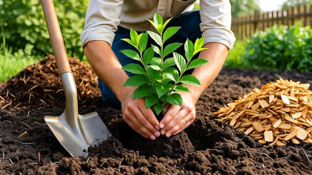 gardener planting honey berry shrub with compost and mulch"