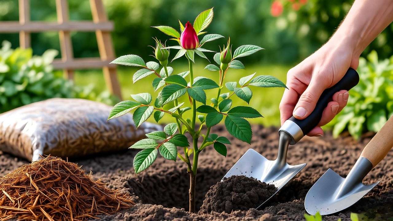 Gardener planting a Joseph's Coat rose plant with trowel and mulch in a sunny garden.