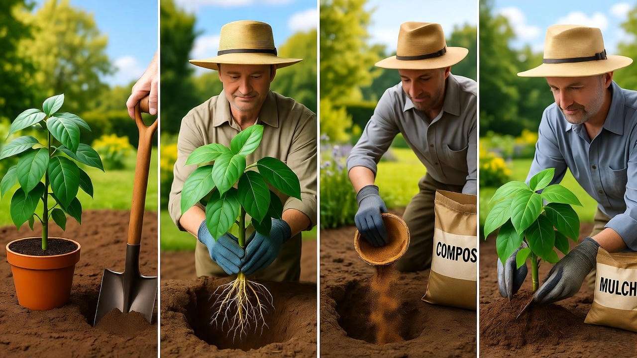 Step-by-step planting of a lilly pilly plant with compost and mulch in a sunny garden."