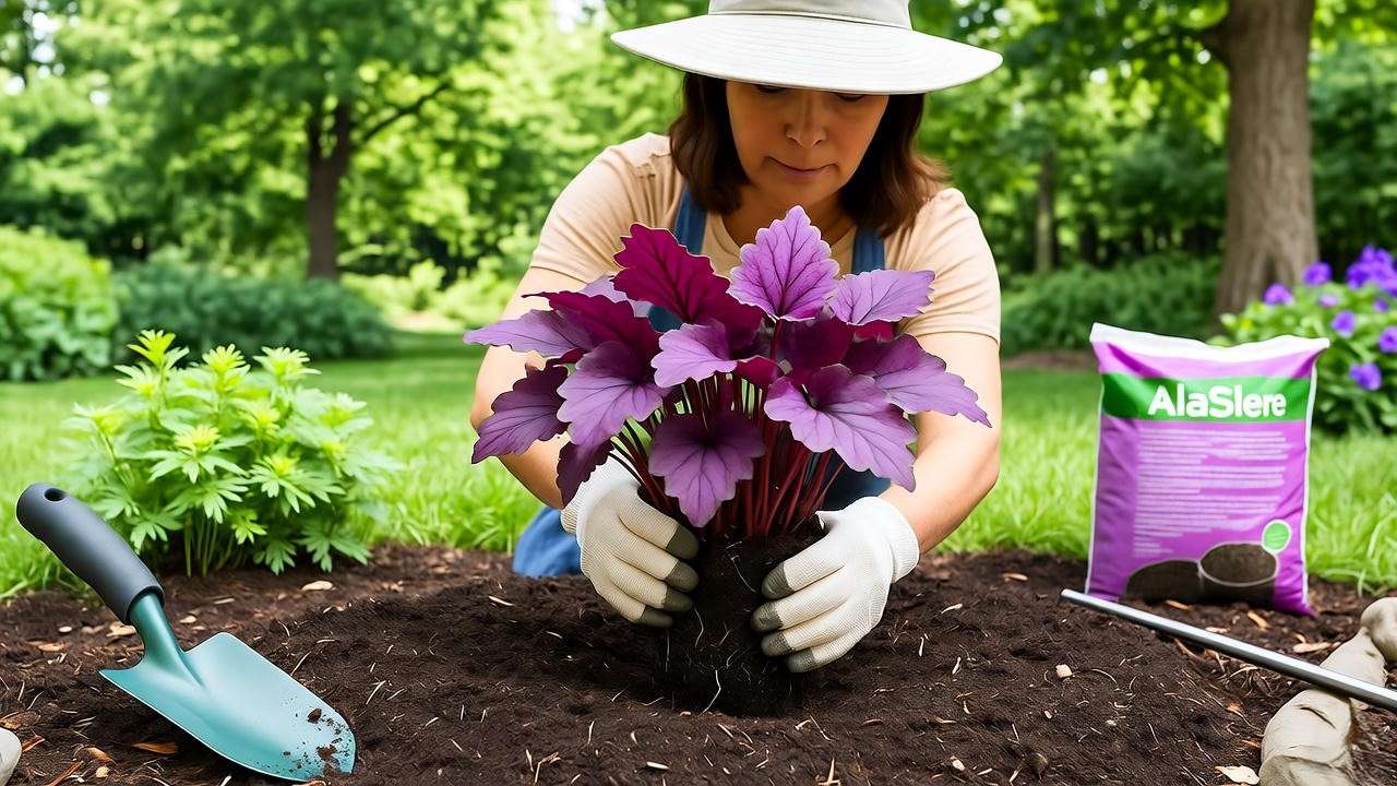 Gardener planting Palace Purple Heuchera in shaded soil bed with trowel".