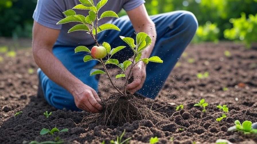 Gardener planting a Pixie Crunch apple tree in loamy soil with compost in a sunny garden."