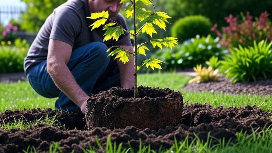 Person planting a Princeton Gold Maple Tree with compost in a well-dug hole in a lush garden."