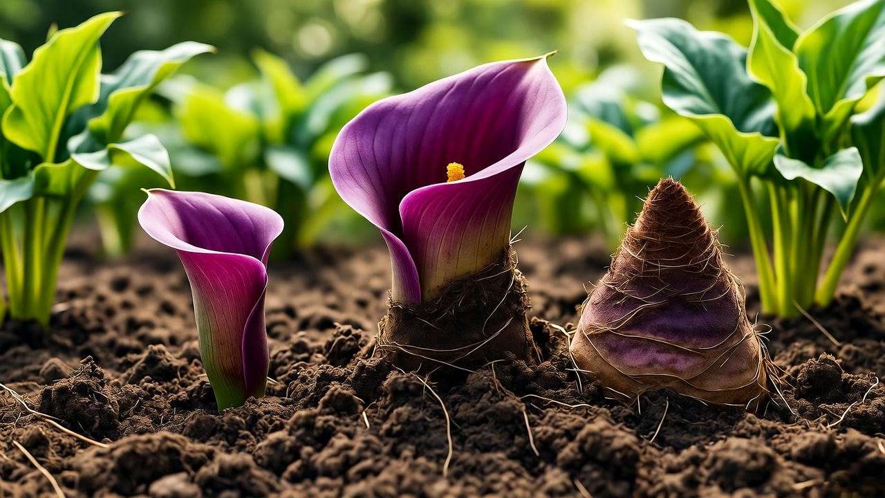 Close-up of purple calla lily rhizomes being planted in well-draining soil with lush green foliage in a sunny garden."