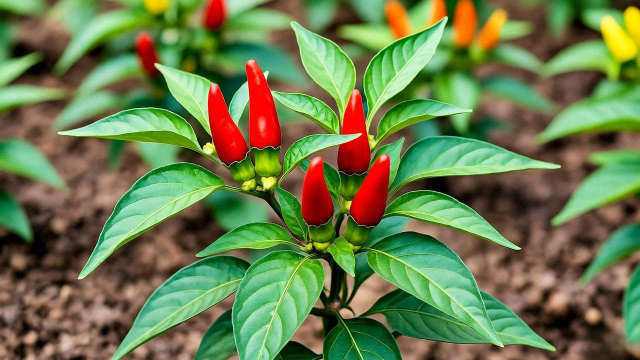 Close-up of a thriving Thai chili plant with green and red chilies in a garden bed with a trowel."