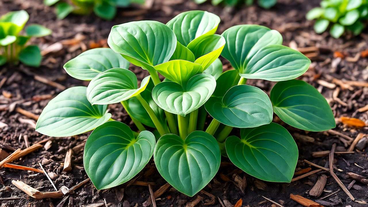 Close-up of tractor seat plant leaves in a shaded garden bed with rich soil and mulch"