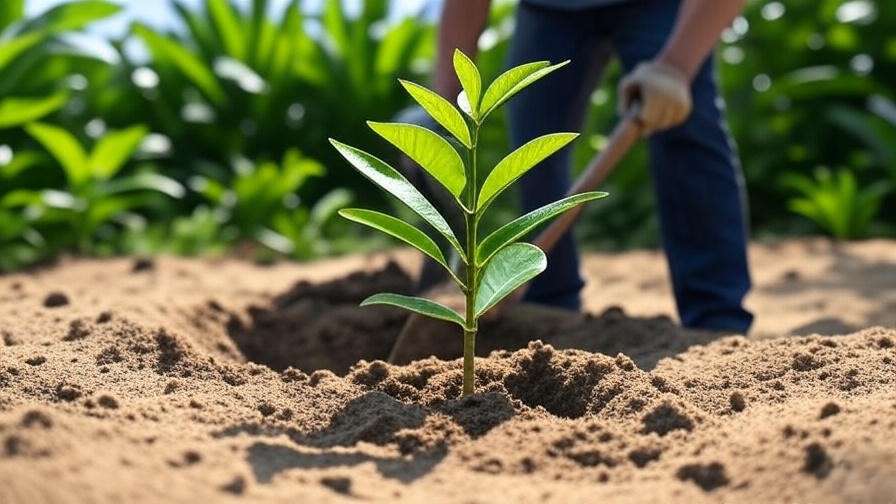 Gardener planting a verawood tree sapling in sandy loam soil with compost in a tropical garden".