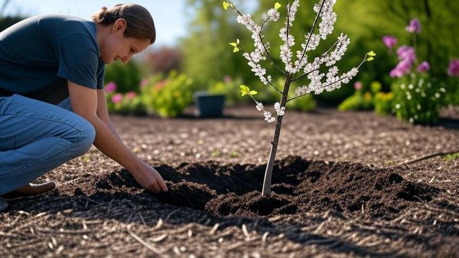 "Person planting a young white redbud tree with blossoms and mulch in a sunny garden"