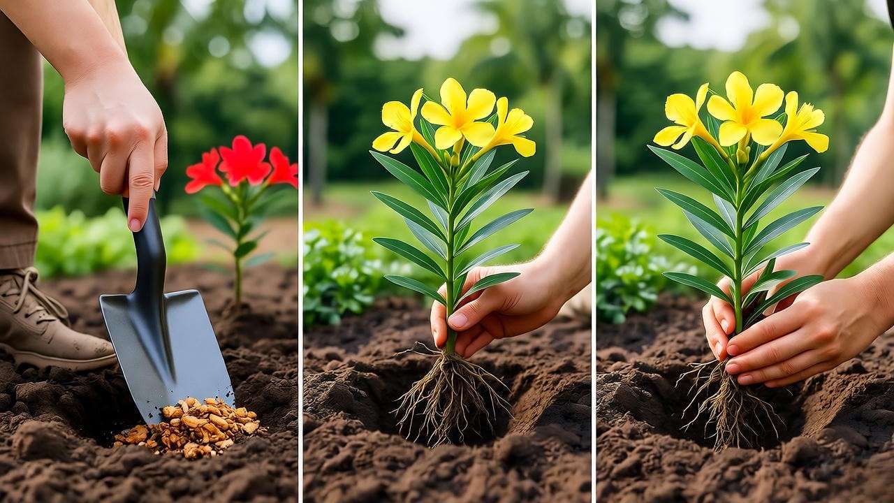 Gardener planting a yellow oleander with compost in a tropical garden setting"