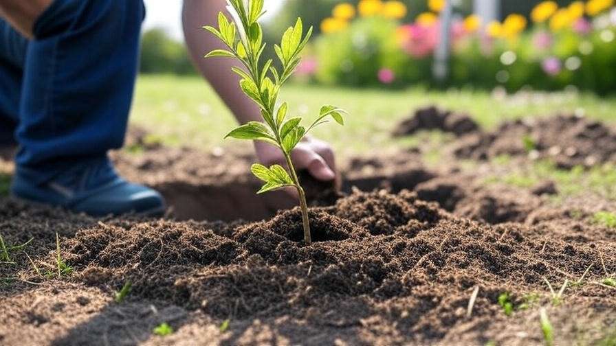 "Step-by-step planting of a young yellowhorn tree in sunny garden"