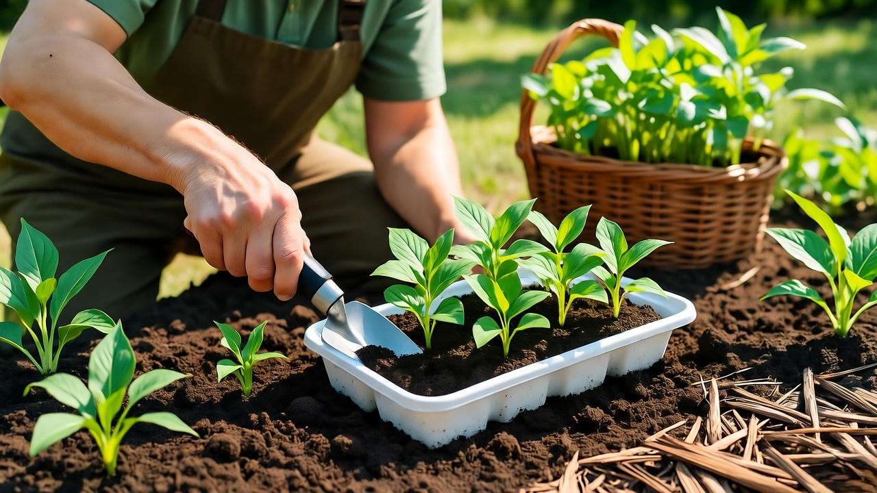 Gardener planting Illinois native plants blazing star and red osier dogwood with tools and mulch in a sunny garden."