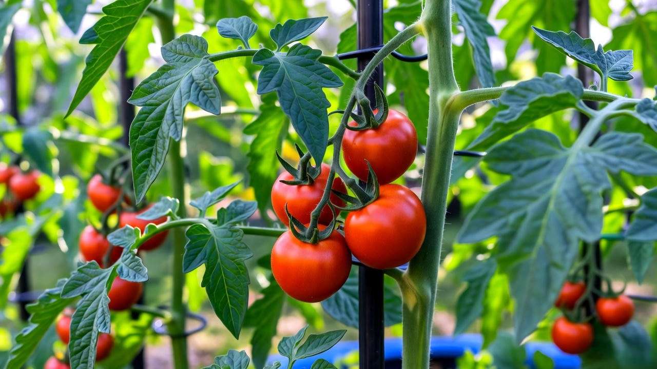 Heatmaster tomato plants with ripe tomatoes supported by stakes in a sunny garden"