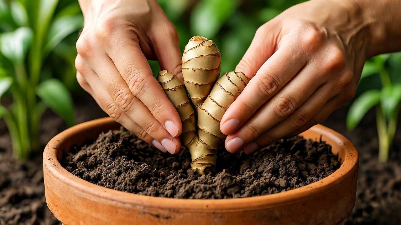 Gardener’s hands planting a ginger rhizome in a terracotta pot with loamy soil, showcasing how to plant ginger in a garden setting.”