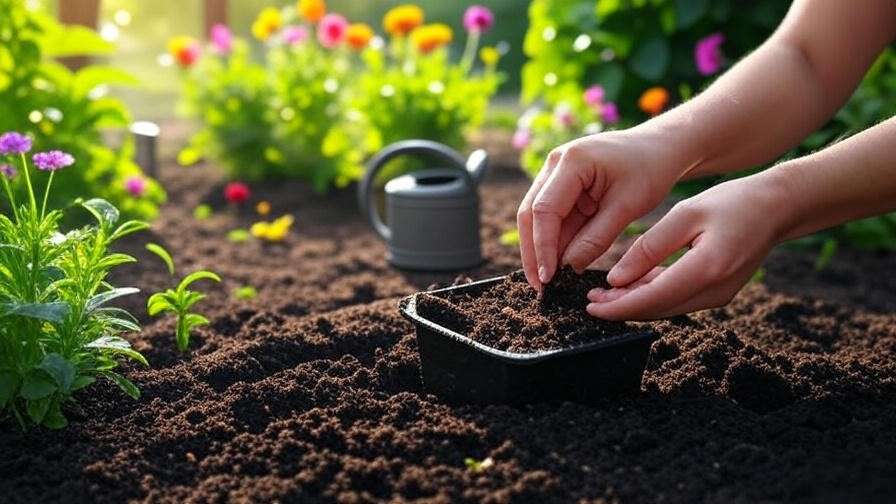 Hands planting cherry seeds into well-draining soil in a pot with sunlight and garden flowers in the background".
