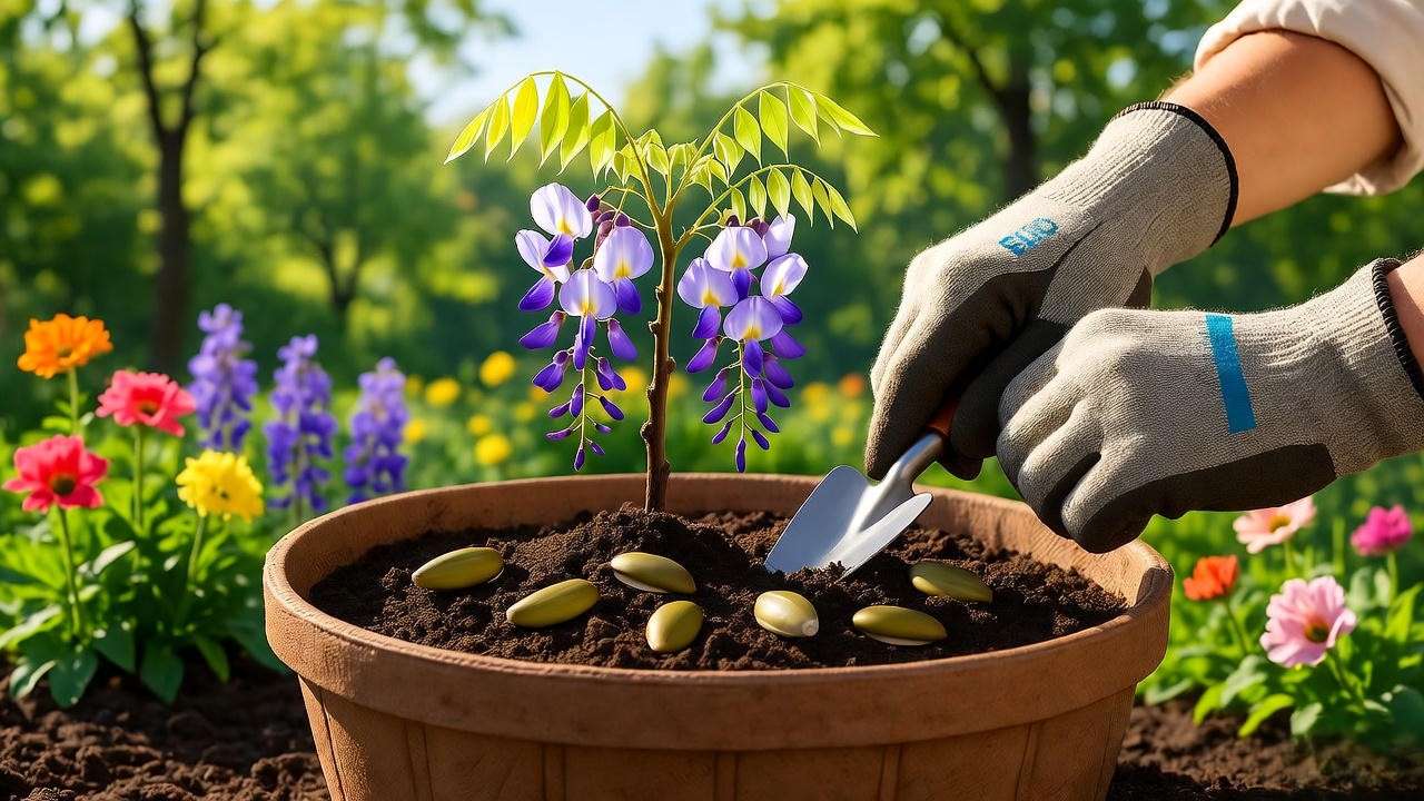 Gardener planting wisteria tree seeds in a biodegradable pot with sunlight and flowers in the background".