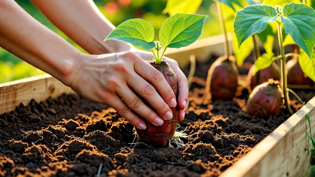 Gardener planting a sweet potato slip in loamy soil in a raised garden bed, with green vines and sunlight in the background.