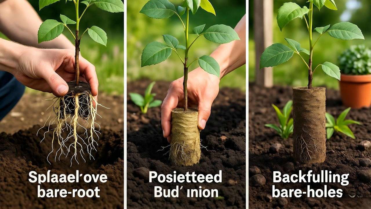 Step-by-step planting of a bare-root rose, showing root placement and bud union.