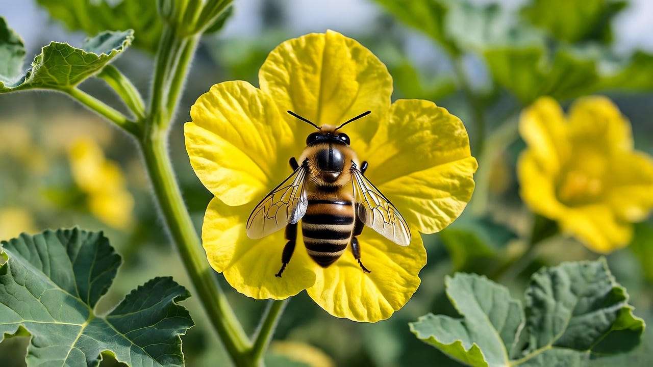 Close-up of a bee pollinating a cantaloupe flower with vines in the background.