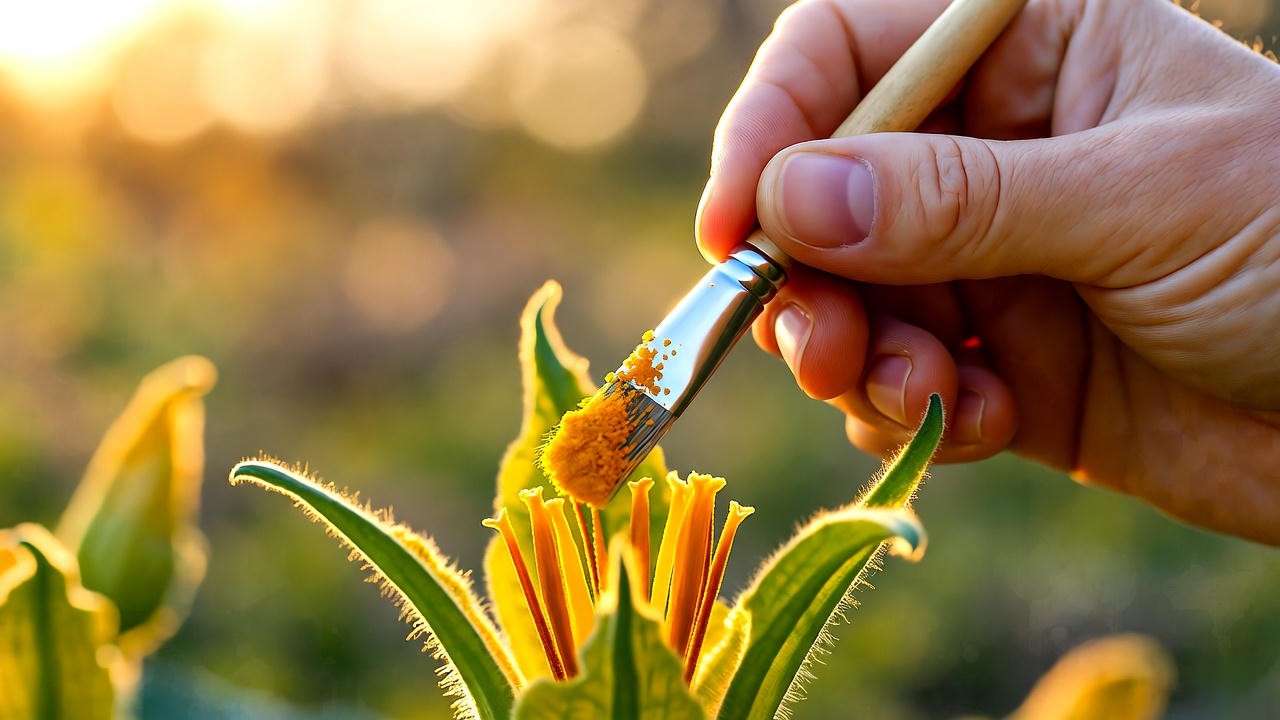 Hand-pollinating acorn squash flower for better fruit set