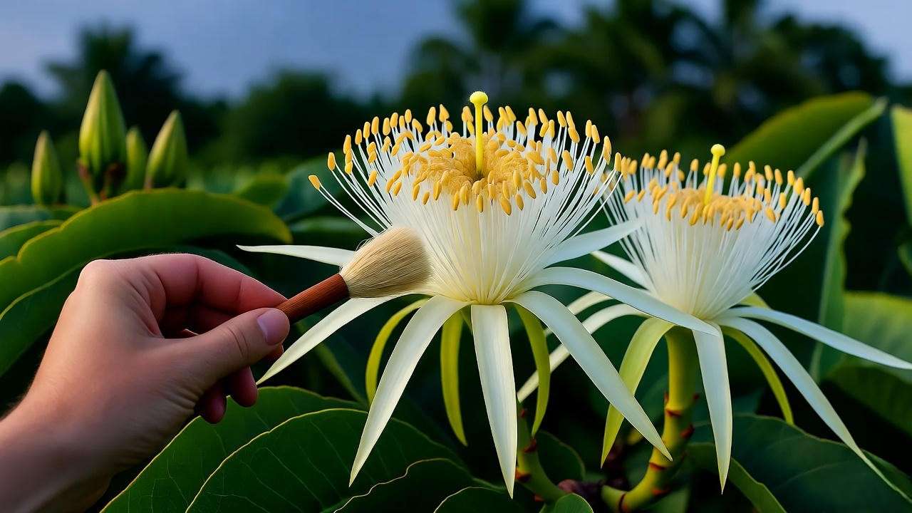 Hand-pollination of yellow dragon fruit tree flowers at dusk with a soft brush."