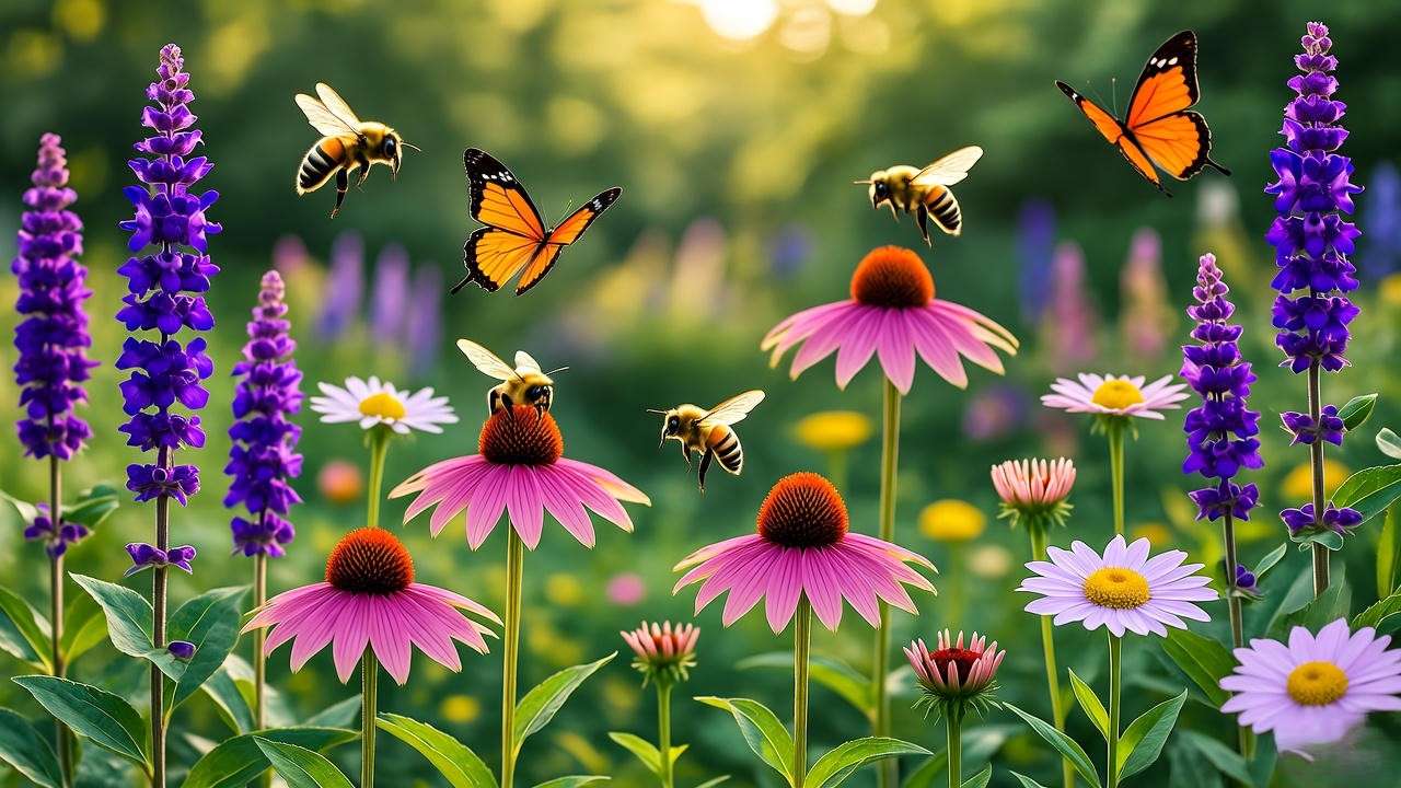 "Pollinator garden with coneflowers, salvia, and asters with bees and butterflies".