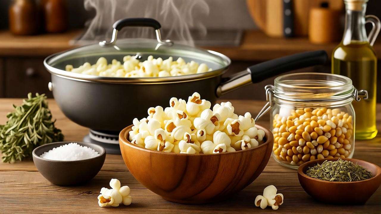 Cozy kitchen with a bowl of popped popcorn and stovetop pan with kernels.