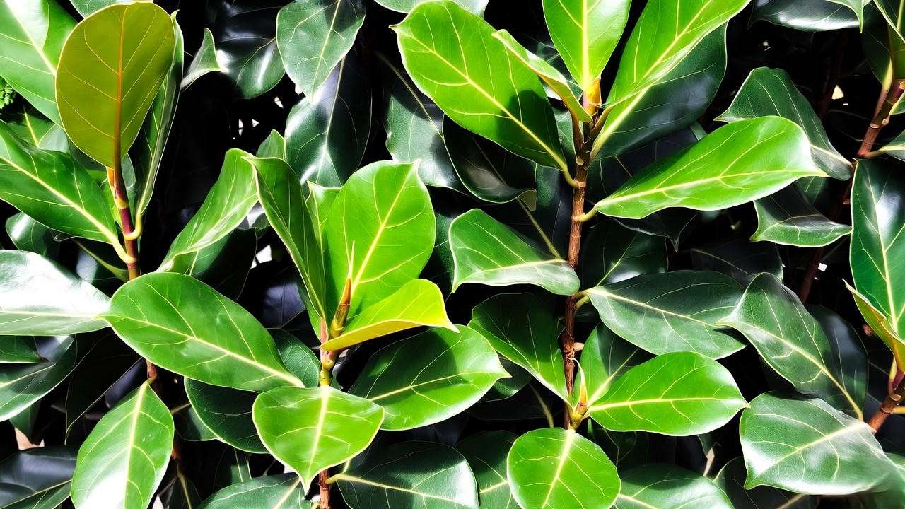 Close-up of Ficus benjamina, microcarpa, and nitida hedge plants in a sunny garden."