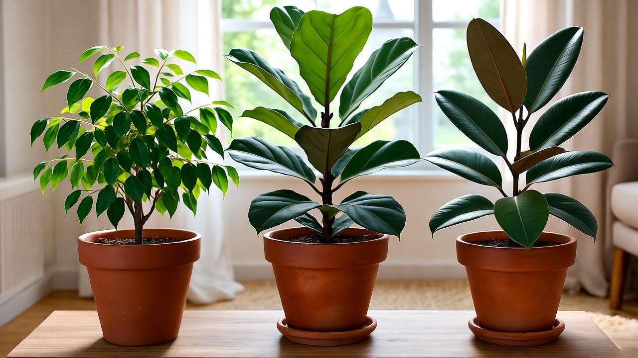 Three ficus plants (Weeping Fig, Fiddle Leaf Fig, Rubber Plant) in pots on a shelf for ficus plant care guide."