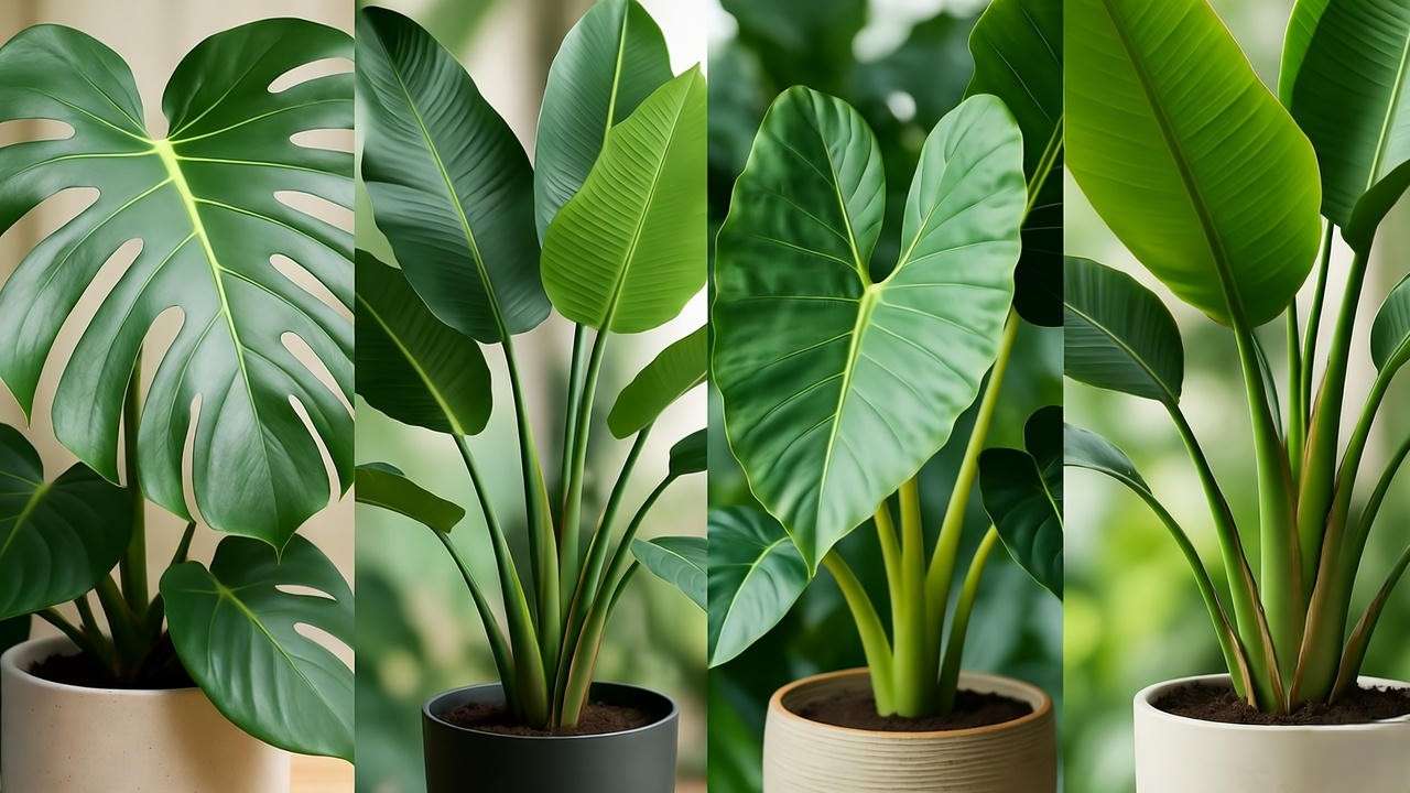 Close-up of Monstera, Bird of Paradise, Elephant Ear, and Banana Plant with big leaves in stylish pots.