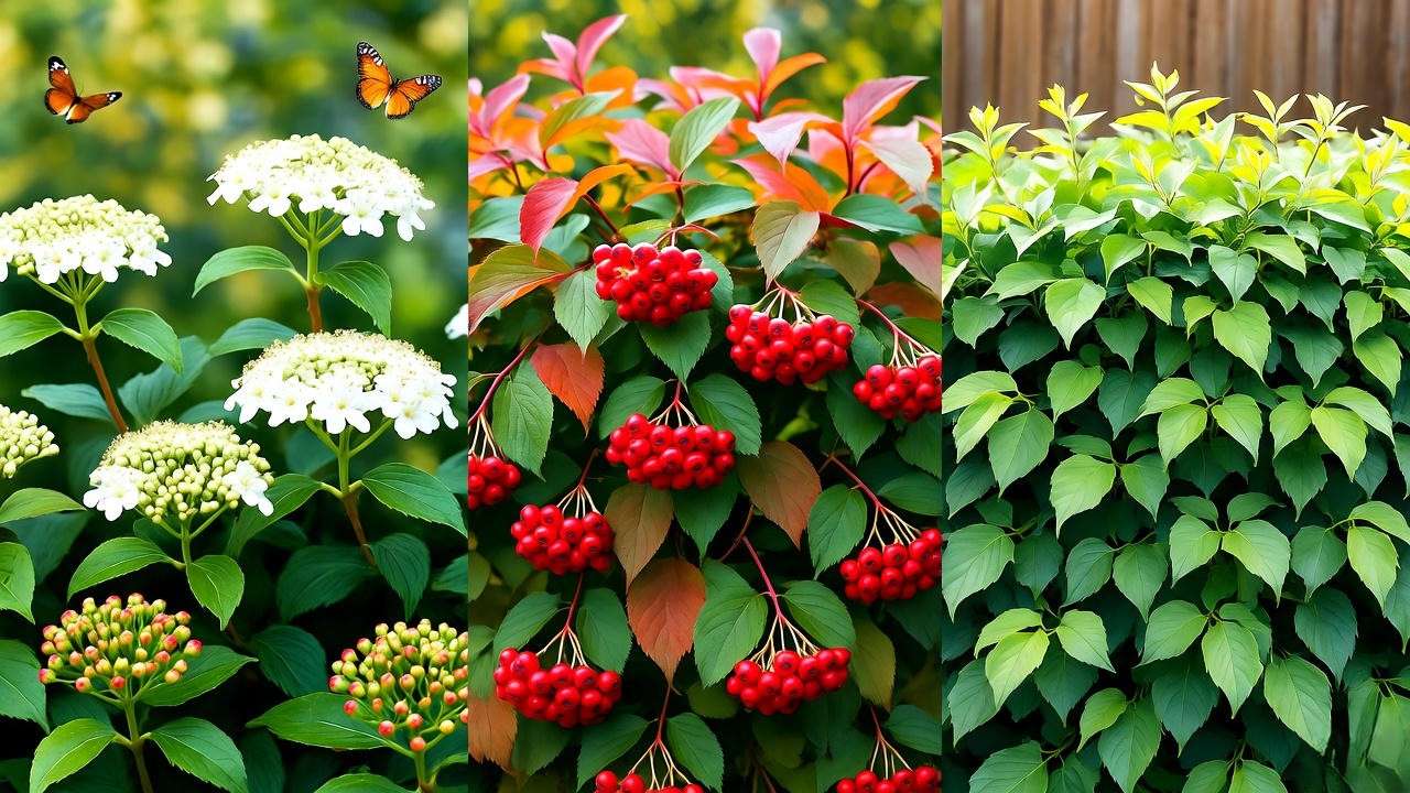 Close-up of Viburnum tinus, opulus, and odoratissimum hedge plants in a sunny garden, showcasing flowers, berries, and lush foliage.