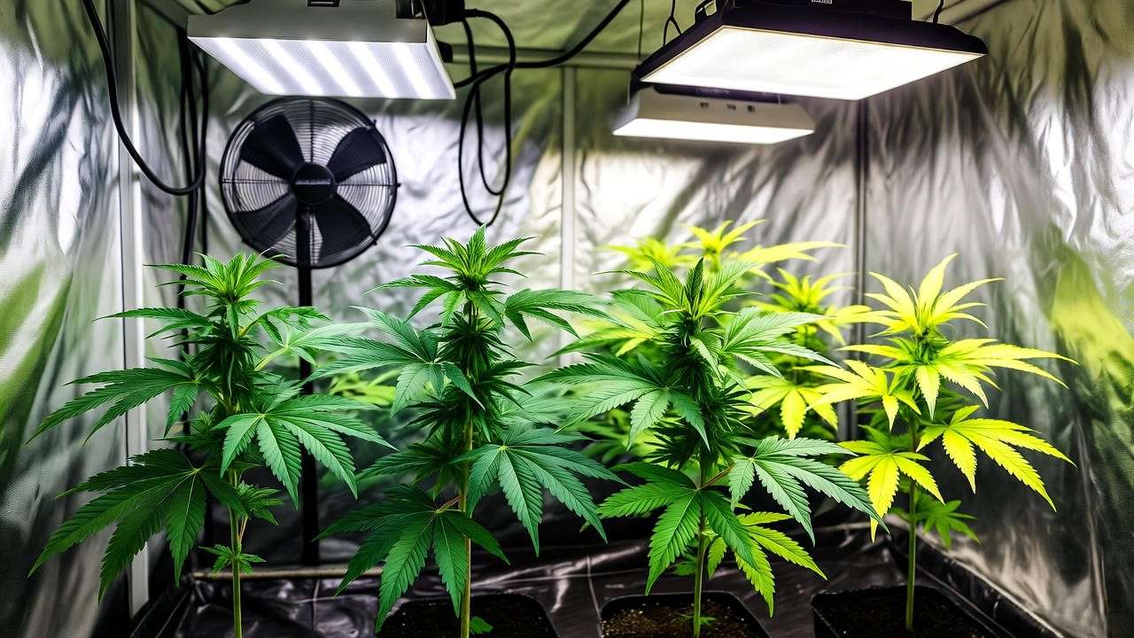 Indoor cannabis grow setup with topped plants and stakes under grow lights"