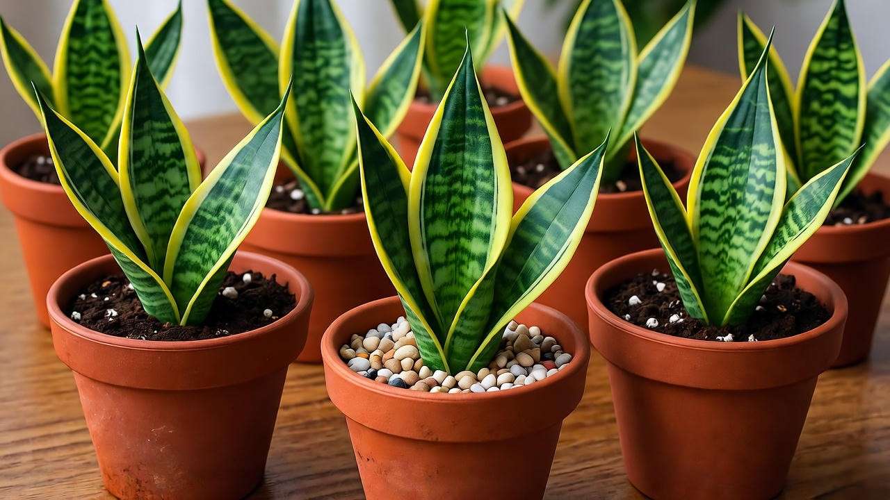 "Small potted snake plant babies in terracotta with drainage pebbles".