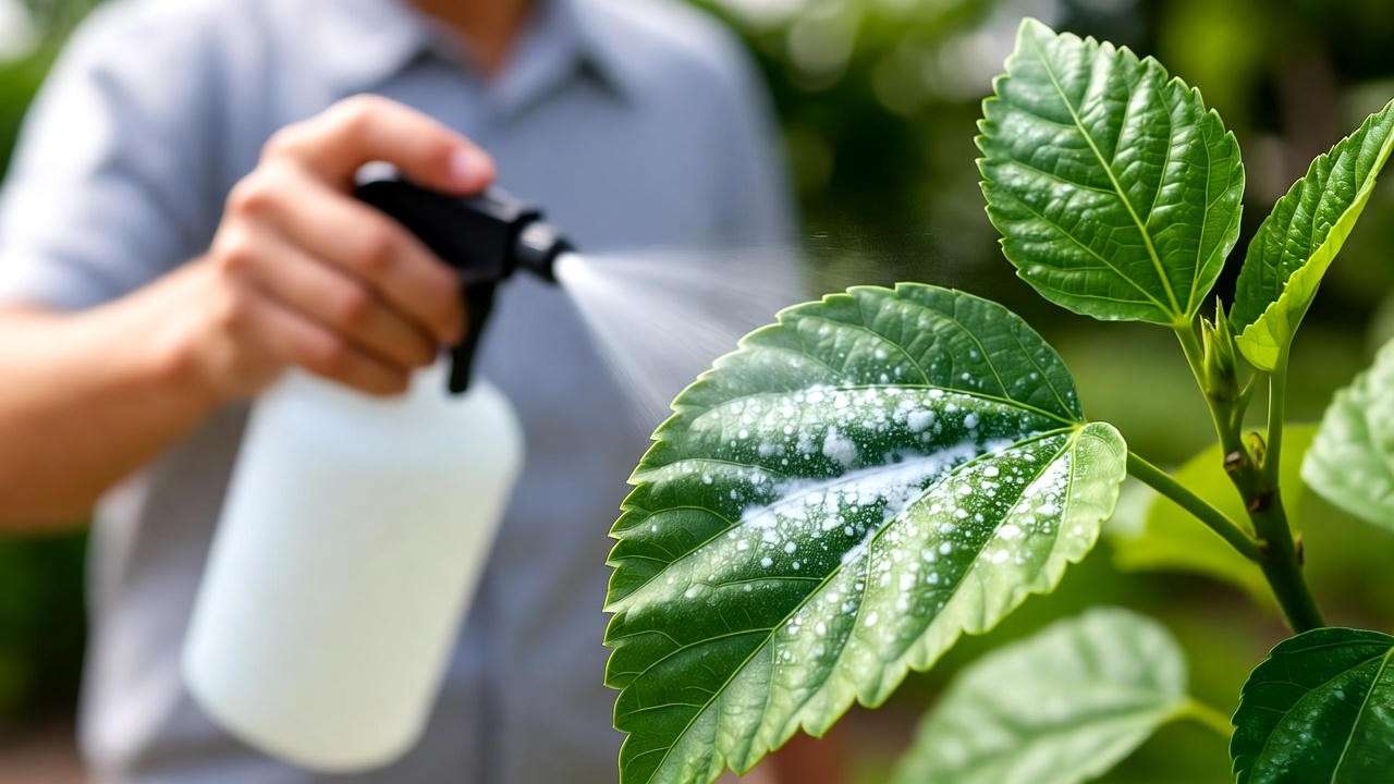 Hibiscus leaf with powdery mildew and a gardener spraying neem oil solution."