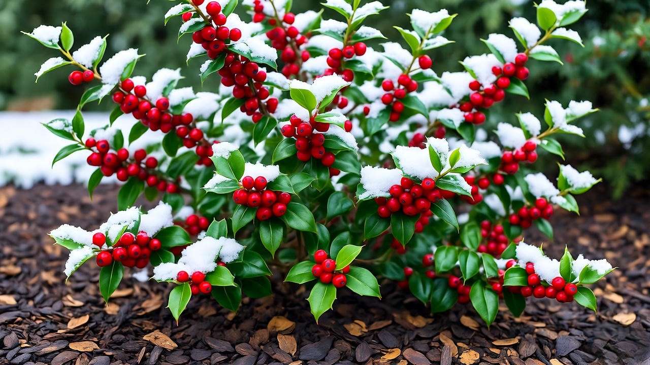 "Close-up of Winterberry Holly with red berries and mulch in snowy garden."