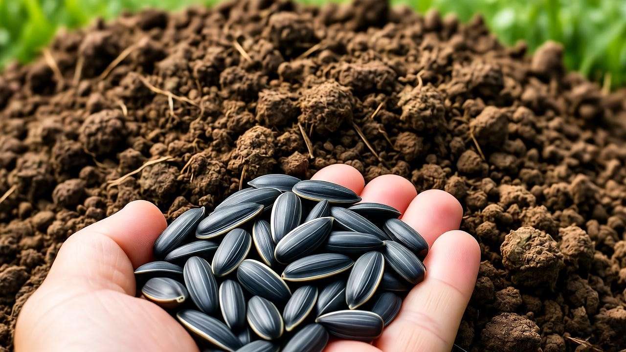 Close-up of black oil sunflower seeds in hand with prepared garden bed for planting."