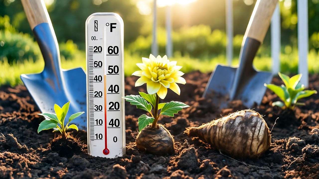 "Dahlia tubers planted in garden soil with soil thermometer and tools in a sunny garden."