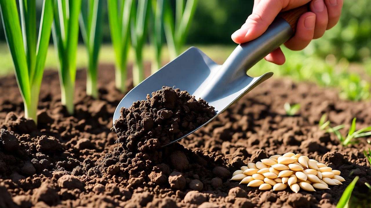 Gardener preparing soil with compost and onion seeds