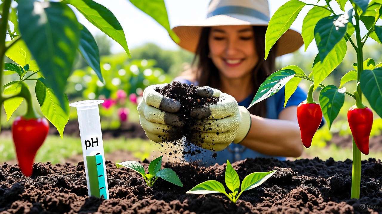Gardener preparing soil with compost and pH kit near hot banana pepper seedlings."