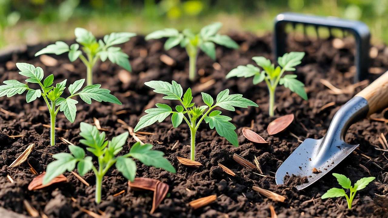 Garden bed with compost and emerging heirloom tomato seedlings"