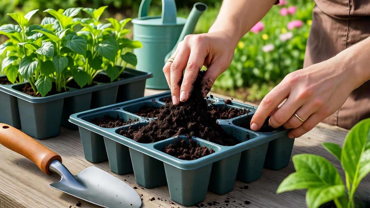 Gardener preparing soil mix with peat moss and perlite for peony seeds."