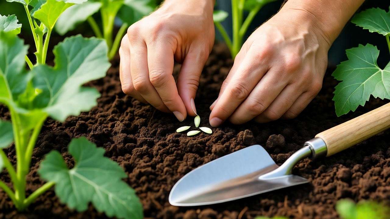 Close-up of hands planting cantaloupe seeds in compost-rich soil with a trowel, vibrant garden background.