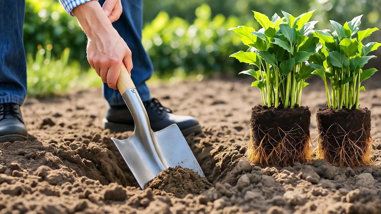 Gardener digging a hole in well-drained soil for planting bare root plants in sunny garden"